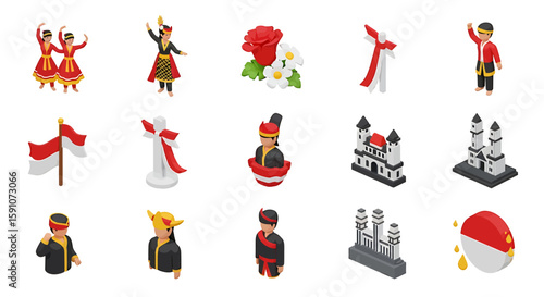 Vector Icons Set of Vibrant Isometric 3D Icons of Indonesian Culture Traditional Dance National Symbols and Historical Buildings. Vector Illustrations. EPS Editable. 