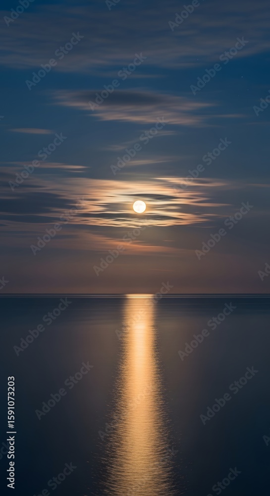 Fototapeta premium A serene night seascape featuring a full moon behind thin clouds, its brilliant golden light creating a shimmering reflection path on the calm, tranquil surface of the dark ocean