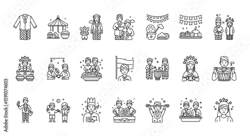 Vector Icons Set of Traditional Eid alFitr Celebration Line Art Icons Set Cultural Festivities and Customs. Vector Illustrations. EPS Editable. 