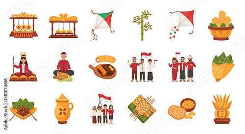 Vector Icons Set of Traditional Indonesian Bonang Gamelan Instrument with Ornate Gold Carvings on a Wooden Frame. Vector Illustrations. EPS Editable. 