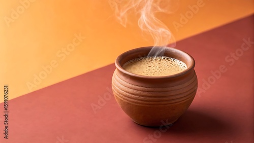 A steaming cup of traditional indian chai tea served in a rustic clay kulhad cup emitting gentle wisps of steam against a warm dual toned background