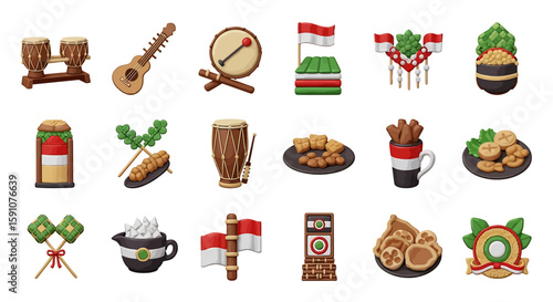 Vector Icons Set of Collection of 3D Indonesian Cultural Icons and Independence Day Symbols with Claylike Texture. Vector Illustrations. EPS Editable. 
