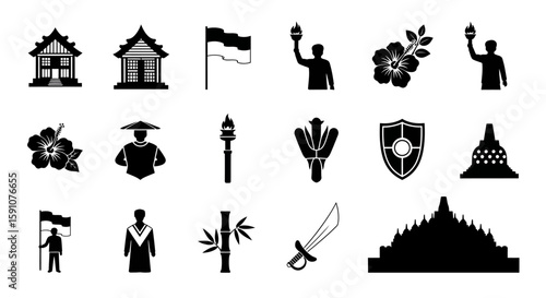 Vector Icons Set of Black Silhouette Icons Set of Indonesian Culture Travel and Traditional Symbols. Vector Illustrations. EPS Editable. 