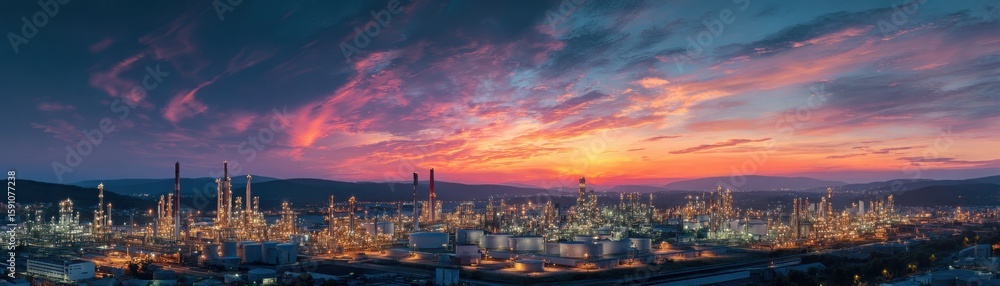 Fototapeta premium Panoramic view of an industrial refinery complex at sunset with vibrant clouds and city lights glowing.