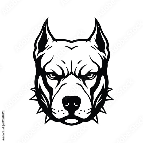 A menacing pitbull head with a spiked collar is shown in black and white, isolated on white background