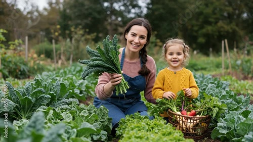 Wallpaper Mural A mother and her young daughter happily harvesting fresh kale and vegetables in a lush garden, sharing a moment of connection Torontodigital.ca