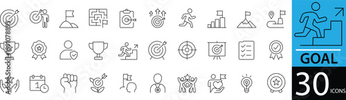 Minimal Goal Line Icon Set 30 Clean Outline Designs for Productivity, Planning, and Achievement Use.