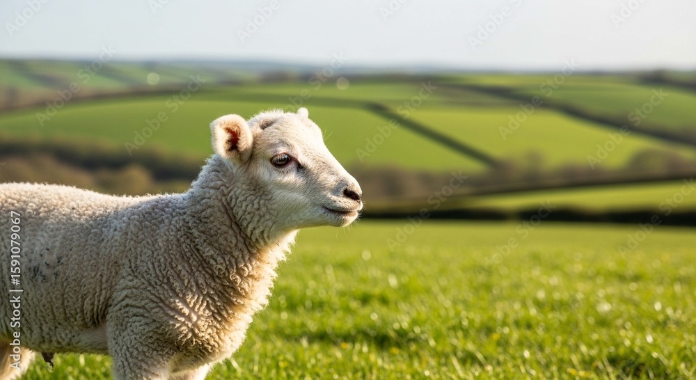 Fototapeta premium A young lamb stands in a grassy field, overlooking rolling hills.