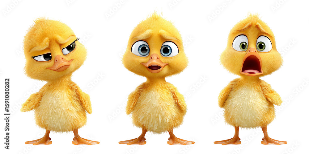 Fototapeta premium Three yellow chicks with different expressions