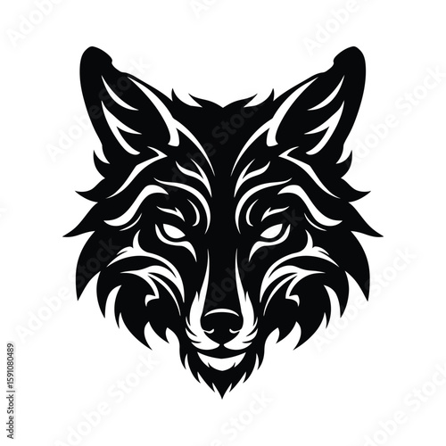 A sleek black and white vector art captures a fox head, isolated on white background, showcasing its cunning and mysterious nature in a minimalist style
