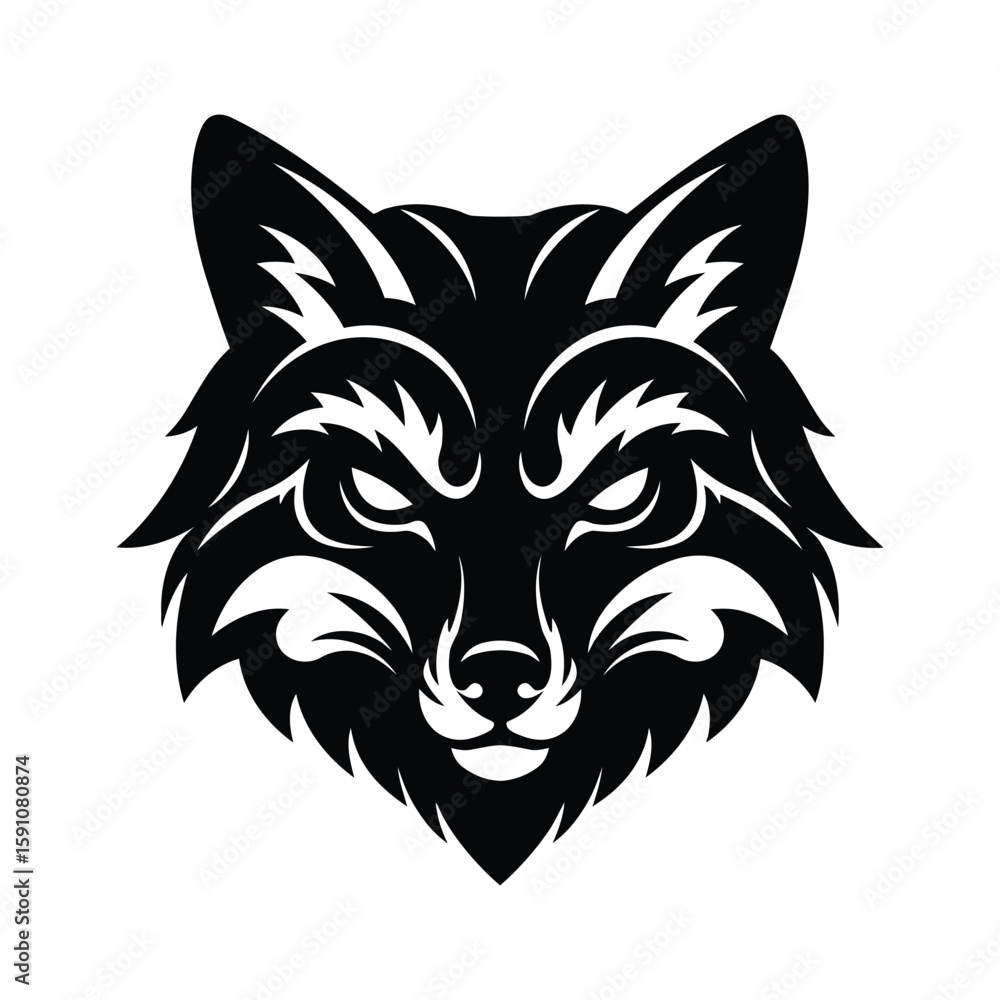 Fototapeta premium A minimalist black and white vector image depicts a fox head, isolated on white background, highlighting its cunning and watchful nature with sharp lines