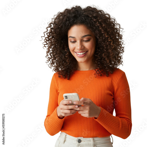 Smiling woman with phone in orange shirt isolated on transparent background