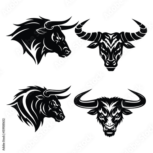 A collection of bull head illustrations isolated on white background showcases the animals strength and power with its prominent horns and fierce expression