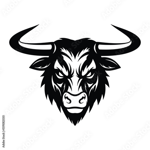 A striking bull head illustration isolated on white background conveys a sense of unwavering determination and resilience with its strong horns and focused gaze