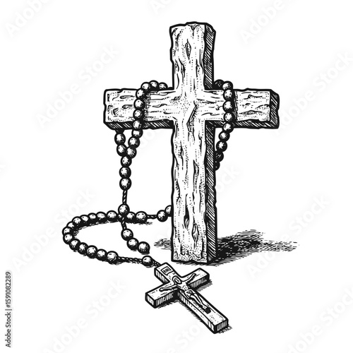 cross with rosary tattoo stencil monochrome vector illustration 