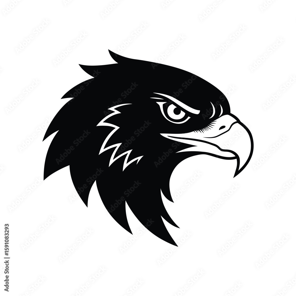 Fototapeta premium A fierce black eagle head with detailed feathers and a sharp beak is isolated on white background, conveying strength and determination