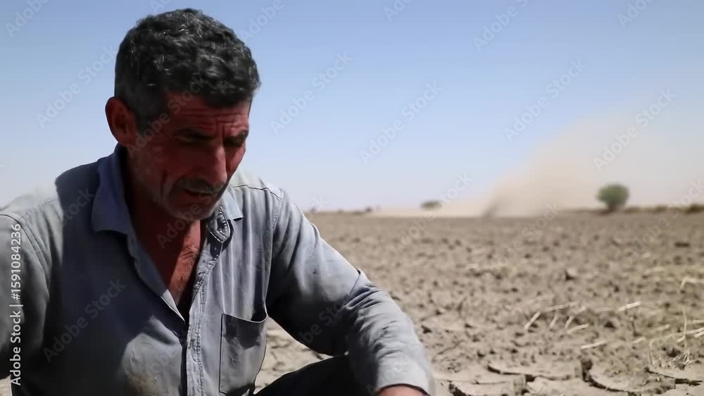A farmer sits in a parched field A farmer sits in a parched field