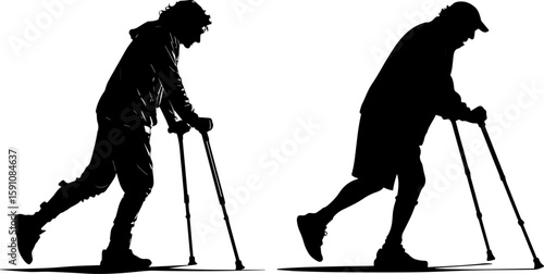 People Walking with Crutches Silhouettes: Recovery and Mobility