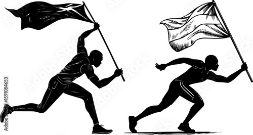 Dynamic Runners with Waving Flags Silhouettes