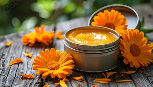 Open Tin of Balm with Calendula Petals and Beeswax, Rustic Visual

