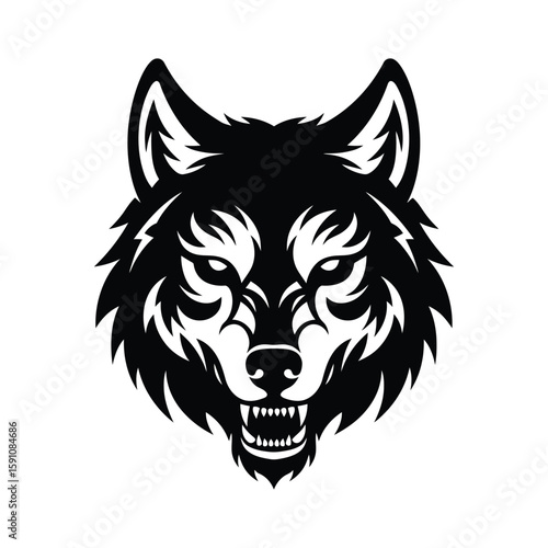 A fierce wolf head with sharp teeth is isolated on white background, displaying its predatory nature and wild spirit