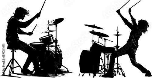 Dynamic Drummer Silhouettes Playing Drum Kit