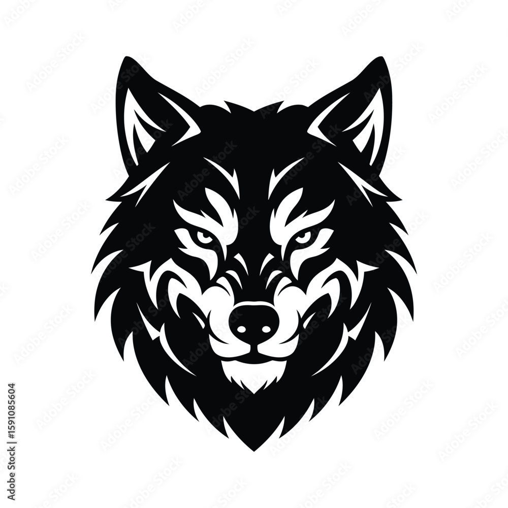 Fototapeta premium A black and white illustration of a fierce wolf head with piercing eyes isolated on white background