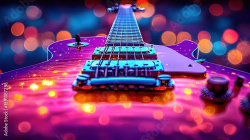 Close-up of a vibrant electric guitar, bathed in colorful bokeh lights
