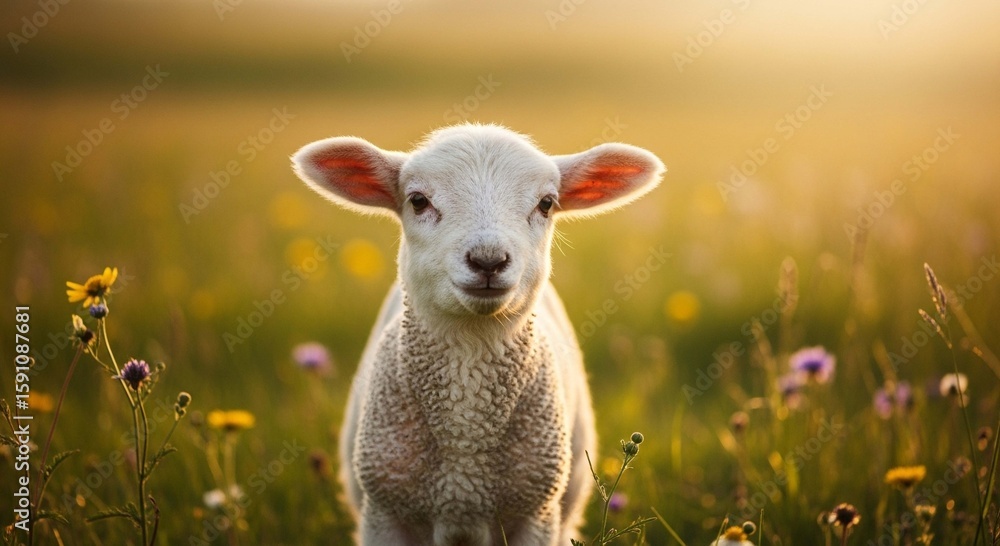 Obraz premium A small, fluffy white lamb stands in a sunlit meadow filled with wildflowers, looking directly at the viewer.