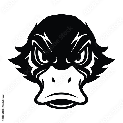 An angry duck mascot with a determined expression is isolated on white background, ready for a sports team logo