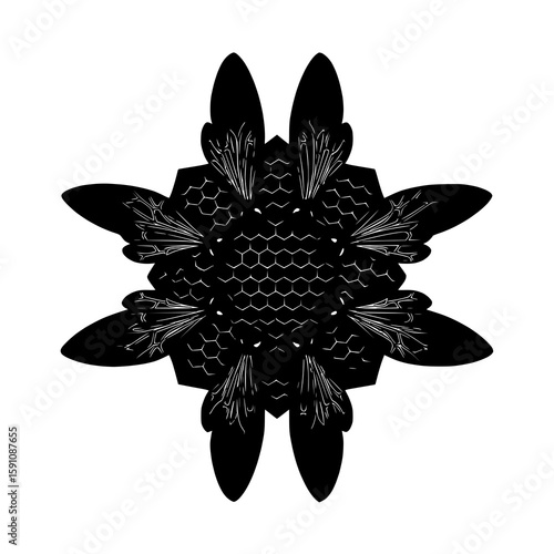 Solid black mandala with honeycomb structure and bee wings extending, outward in symmetry