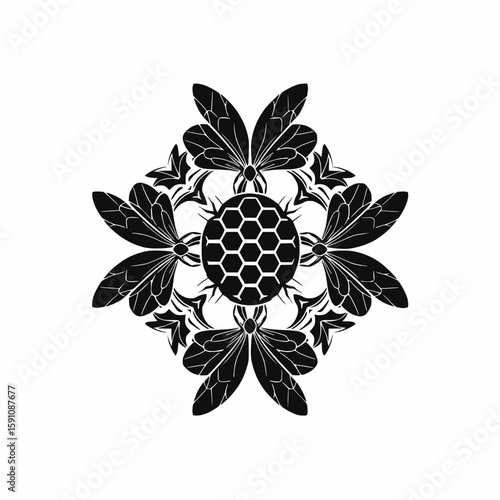 Solid black mandala with honeycomb structure and bee wings extending outward in symmetry