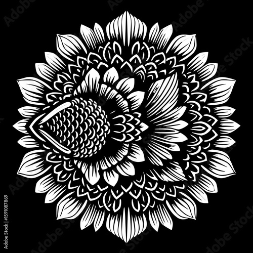Mandala pattern formed by layered fish scales and tail fins in bold black silhouette style