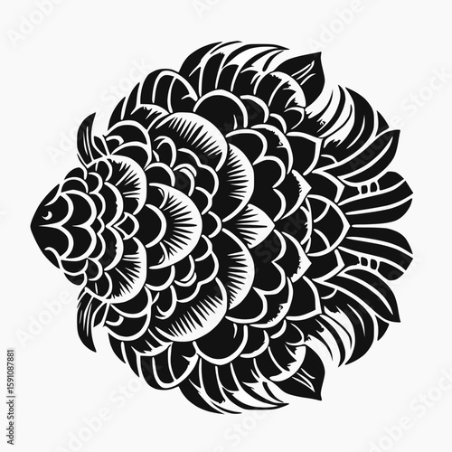 Mandala pattern formed by layered fish scales and tail fins,in bold black silhouette style