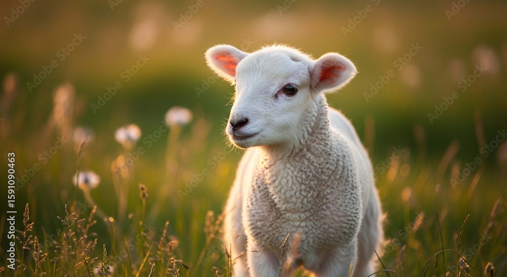 Fototapeta premium A fluffy, white lamb gazes serenely in a sun-drenched field of green grass and wildflowers.
