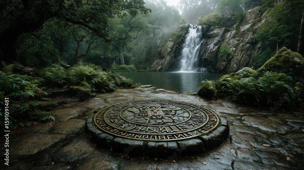Fototapeta premium Peaceful waterfall amidst lush greenery.