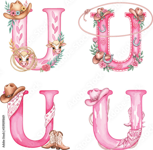Pink Western Letter U Set - Watercolor Cowgirl Alphabet Illustration