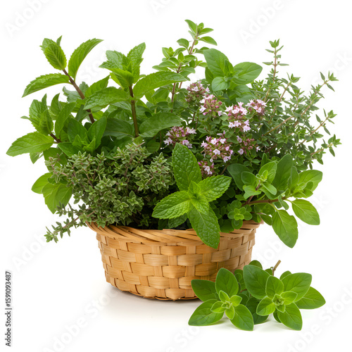 Fresh herbs in a beautiful wicker  basket on white background