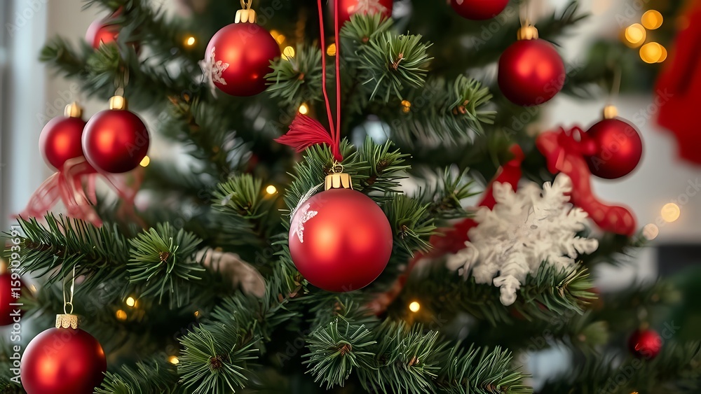 Christmas Tree Close-Up with Red Decorations Christmas Tree Close-Up with Red Decorations