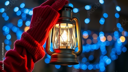 Hands Holding Lantern with Christmas Lights Background