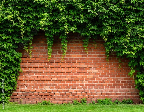 Lush green ivy cascading down a red brick wall