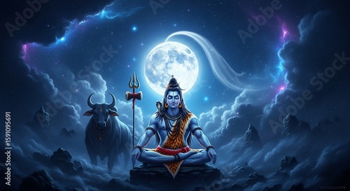 Meditating Lord Shiva with Bull, Moon, and Night Sky