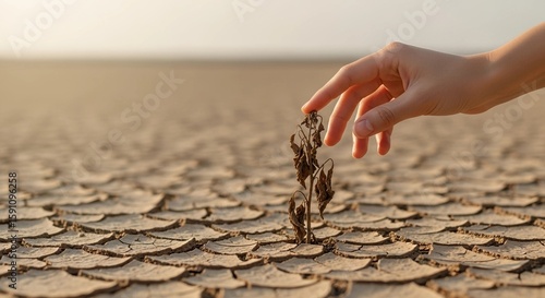 Hand touching dead plant in cracked desert, climate change impact, desertification crisis, environmental devastation, and call for sustainability.