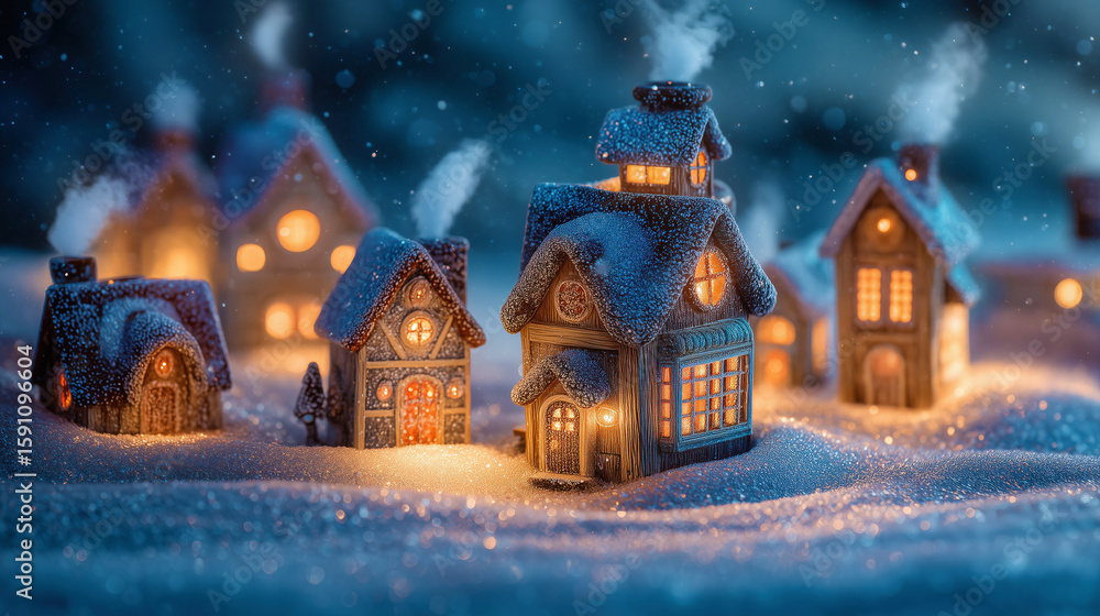 Fototapeta premium Charming winter village with illuminated houses.
