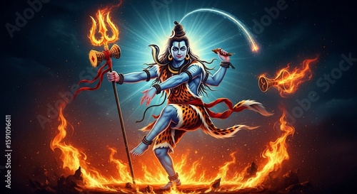 Fiery Dance of Lord Shiva: Hindu Deity in Cosmic Flames