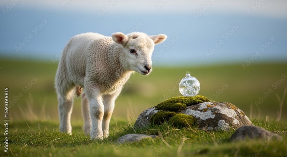 A fluffy lamb walks near a rock with a glass orb, set in a vibrant green field. A fluffy lamb walks near a rock with a glass orb, set in a vibrant green field.