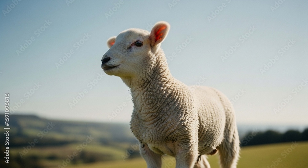 A young lamb stands on a grassy hillside under a clear blue sky, with blurred green fields and hills in the background. A young lamb stands on a grassy hillside under a clear blue sky, with blurred green fields and hills in the background.