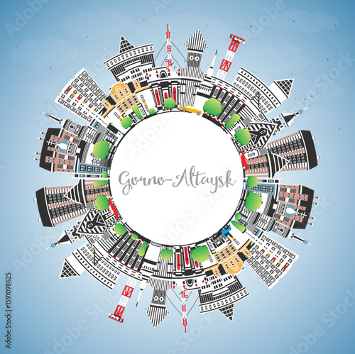 Gorno-Altaysk Russia city skyline with color buildings, blue sky and copy space. Gorno-Altaysk cityscape with landmarks. Tourism concept with modern and historic architecture.