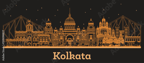 Outline Kolkata India City Skyline with orange Buildings. Business Travel and Concept with Historic Architecture. Kolkata Cityscape with Landmarks.