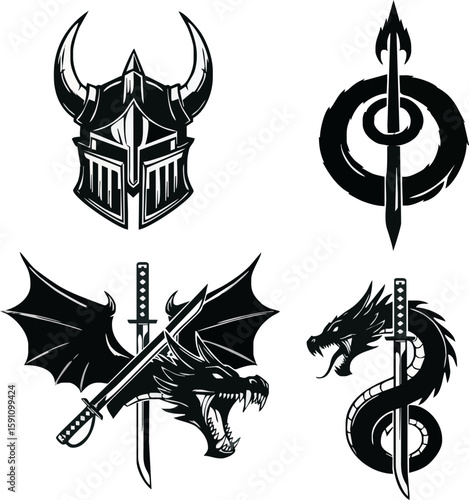 A set of four detailed black and white illustrations featuring fantasy weaponry and creatures.